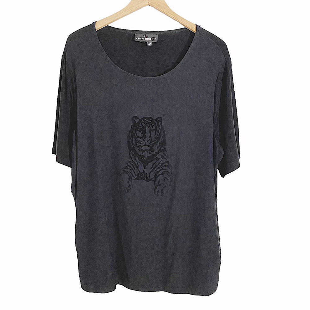 Carole Little II Vintage Black Top With Velvet Like Tiger Design, Plus Size 2X
